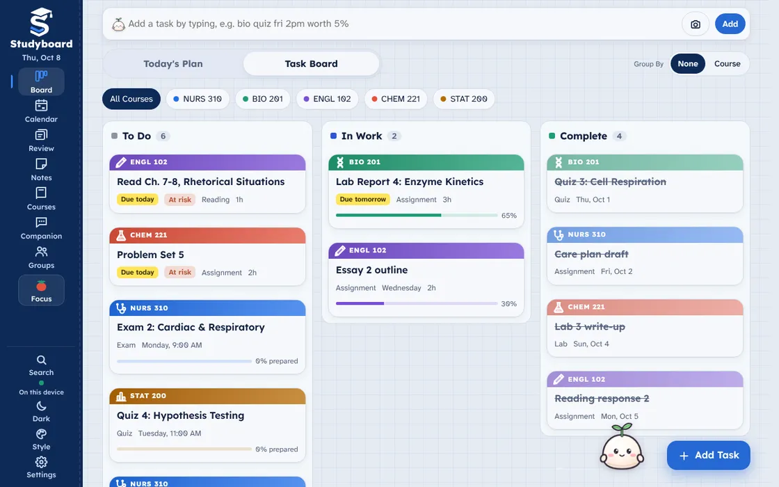 The Studyboard Task Board screen