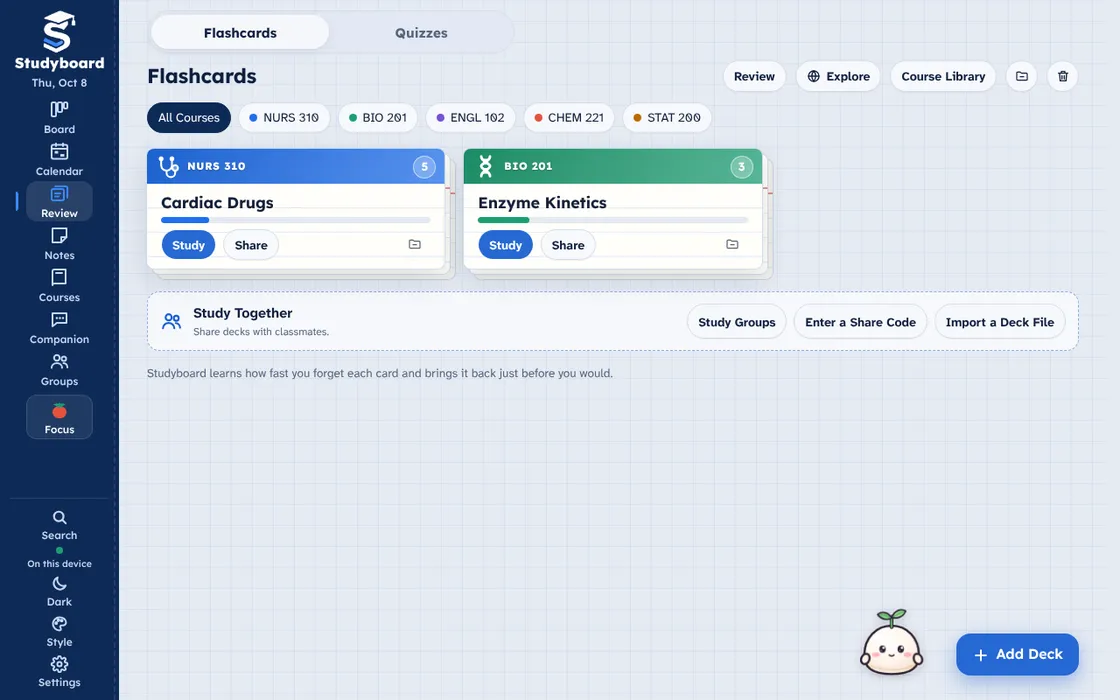 The Studyboard Review tab with flashcard decks