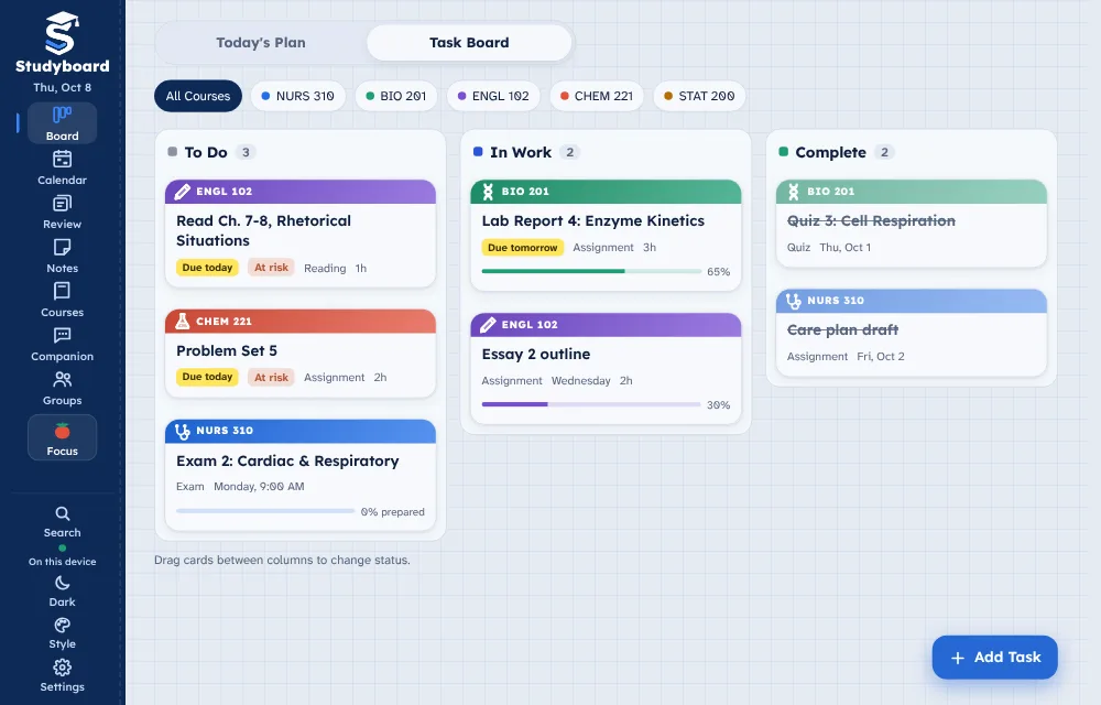 The Studyboard Task Board, with courses color-coded and tasks in To Do, In Work and Complete columns