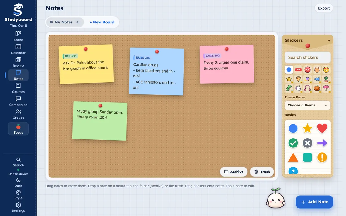 The Studyboard Notes screen