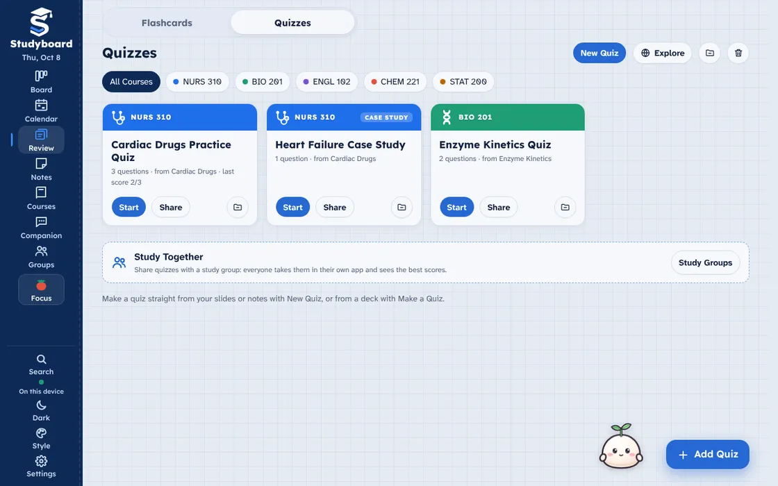 The Studyboard Review tab with practice quizzes