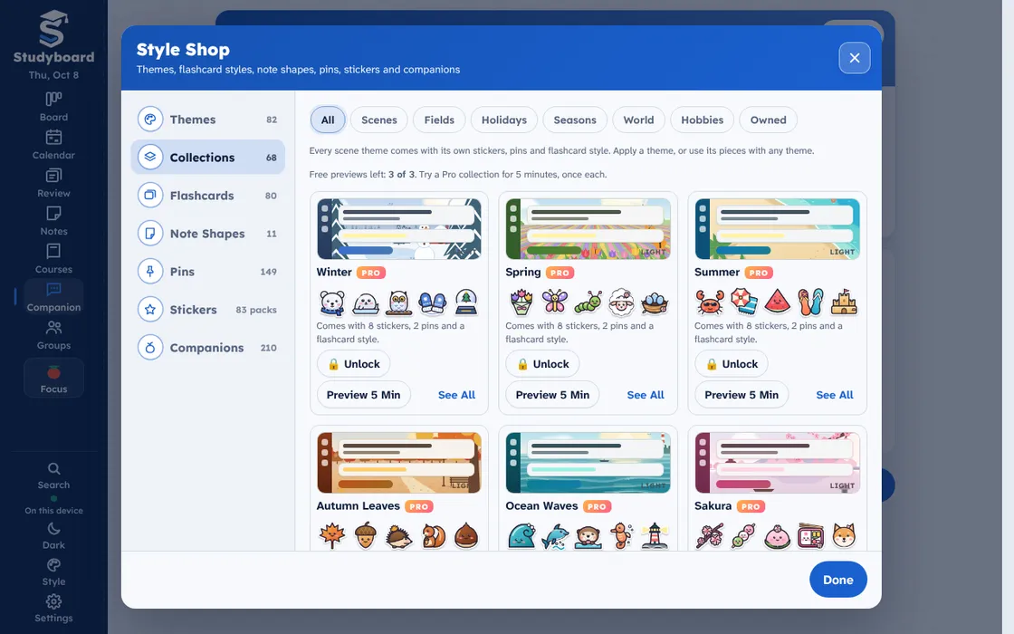 The Studyboard Style Shop screen