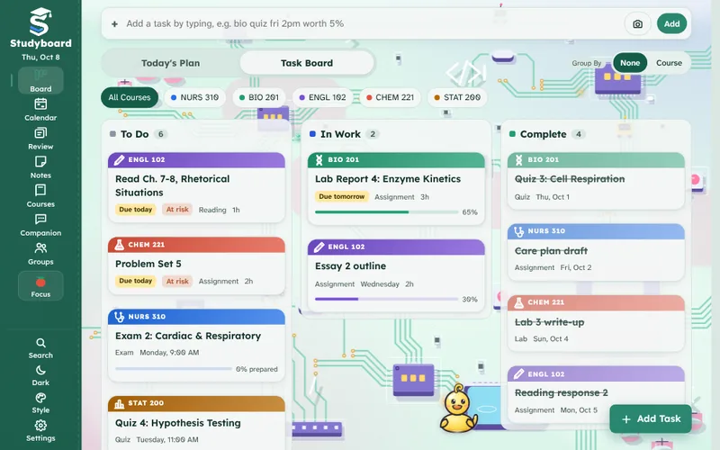 The Studyboard Task Board with the Code Night theme