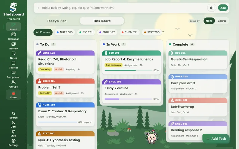 The Studyboard Task Board with the Evergreen theme