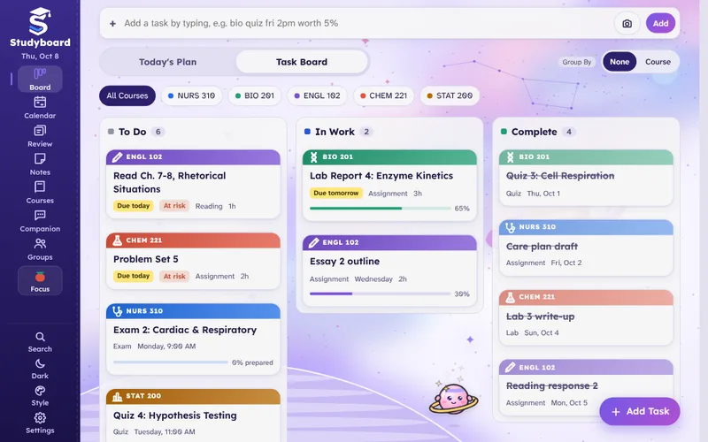 The Studyboard Task Board with the Galaxy theme