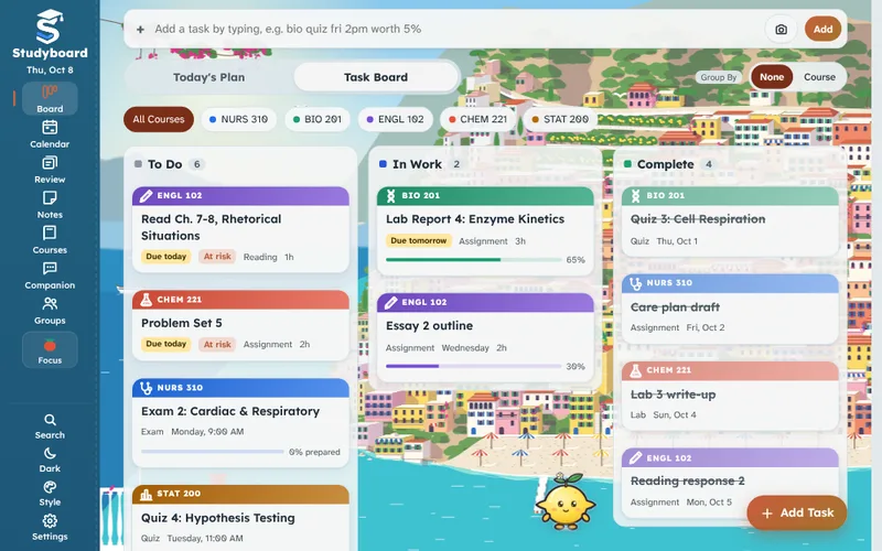 The Studyboard Task Board with the Amalfi Coast theme