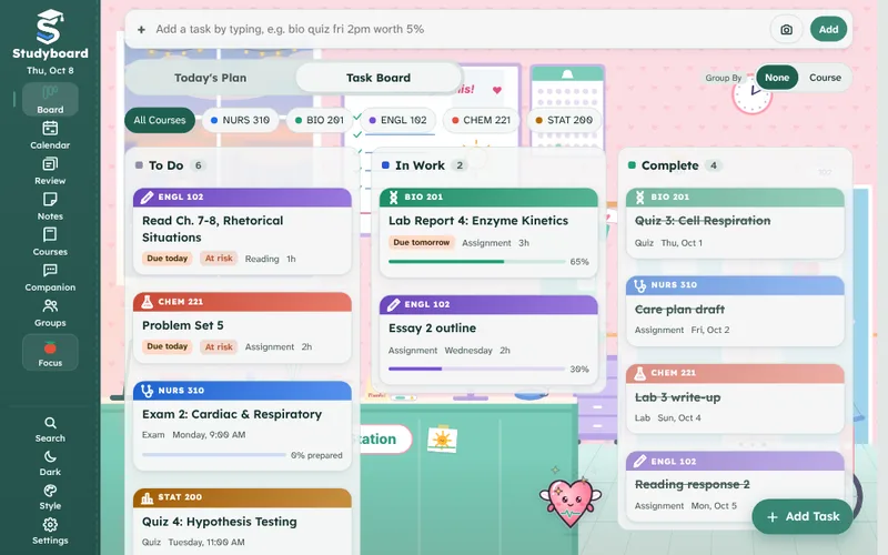 The Studyboard Task Board with the Night Shift theme