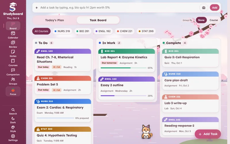 The Studyboard Task Board with the Sakura theme