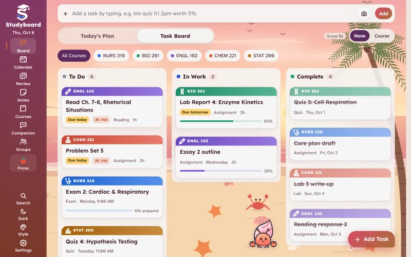 The Studyboard Task Board with the Sunset Beach theme